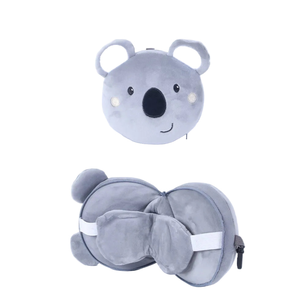Plush koala shaped pillow with a sleep mask and pillow attached on a white background